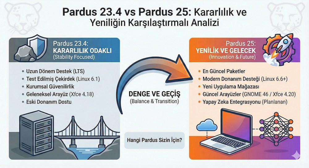 Pardus 23.4 vs Pardus 25 sürümleri arasındaki kararlılık ve yenilik farklılıklarını, donanım desteği ve güncel paket özelliklerini gösteren karşılaştırmalı analiz infografiği.