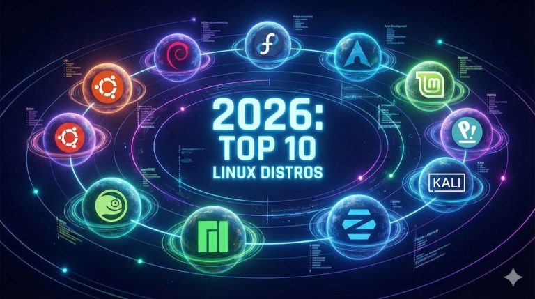 2026'nın en popüler 10 Linux dağıtımını temsil eden fütüristik dijital galaksi illüstrasyonu.