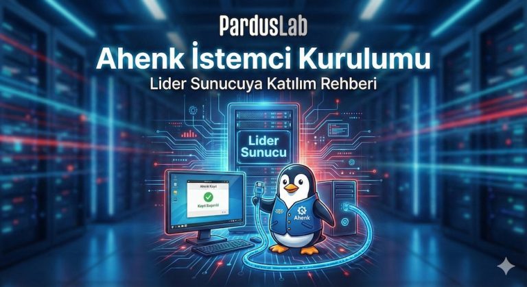Pardus istemci makinesinde Ahenk kaydı ve Lider Sunucu merkezi yönetim bağlantısını temsil eden, merkezi kompozisyona sahip teknik illüstrasyon.