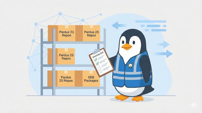 Pardus 23 ve 25 depo yönetimi rehberi, paket kutularını düzenleyen mühendis penguen illüstrasyonu.