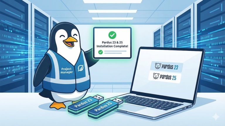 Pardus 25 Bilge kurulumu için teknik destek kulaklığı takmış, üzerinde Pardus logosu olan parlayan bir USB bellek tutan Pardus pengueni illüstrasyonu.