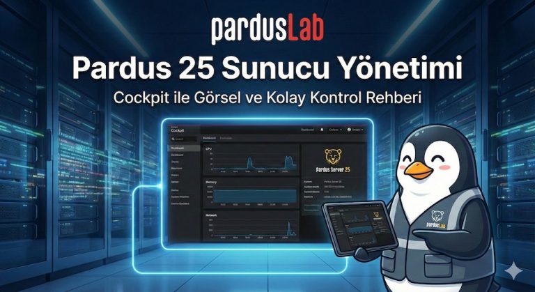 Parduslab tarafından hazırlanan, Pardus 25 sunucu yönetimini Cockpit arayüzü ile anlatan görsel rehberin kapak görseli. Görselde Cockpit paneli ve bir Pardus pengueni bulunmaktadır.