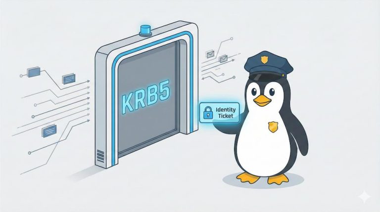 Pardus krb5.conf Kerberos kimlik doğrulama rehberi ve güvenlik bileti tutan mühendis penguen illüstrasyonu.