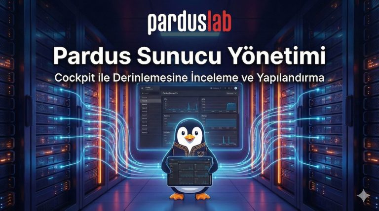 PardusLab yazısı altında, fütüristik bir veri merkezinde Cockpit arayüzü açık bir tablet tutan Pardus pengueni. Arka plandaki büyük ekranda Pardus sunucu performans grafikleri ve 'Pardus Sunucu Yönetimi - Cockpit ile Derinlemesine İnceleme ve Yapılandırma' başlığı görülüyor