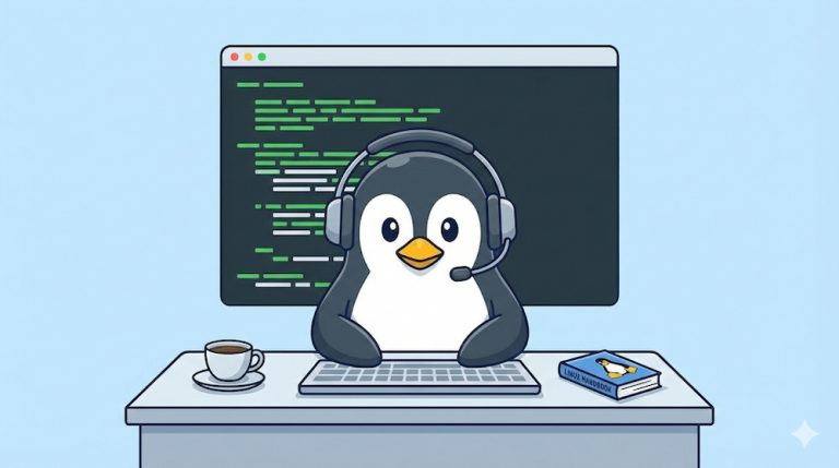 Pardus terminal ekranında temel Linux komutlarını gösteren Pardus pengueni illüstrasyonu.