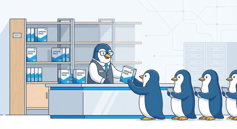 Pardus pengueni kütüphaneci rolünde yerel ağ üzerinden uygulama paketlerini dağıtırken tasvir eden illüstrasyon.