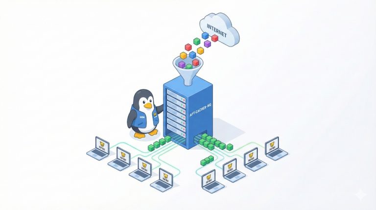 Pardus Apt-Cacher-NG yerel güncelleme sunucusunu yöneten Linux pengueni. İnternet bulutundan gelen renkli veri paketleri huni ile sunucuda önbellekleniyor ve düzenli yeşil paketler halinde Pardus logolu istemci laptoplara dağıtılıyor. İzometrik illüstrasyon.