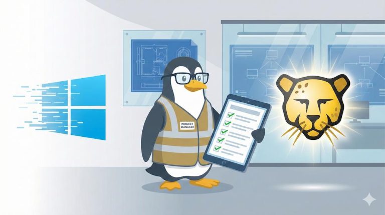 Windows'tan Pardus'a kurumsal geçiş sürecini yöneten proje yöneticisi penguen ve dijital kontrol listesi illüstrasyonu.