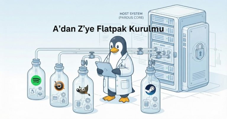 Pardus ve Linux üzerinde Flatpak aracılığıyla Windows EXE uygulamalarını çalıştırmayı anlatan rehberin kapak görseli. Mavi zemin üzerinde "Flatpak ve Windows Uygulamaları Rehberi" başlığı, bir Tux pengueni ve sunucuya borularla bağlı üç adet şişe (Bottles) illüstrasyonu yer alıyor.