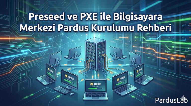 Preseed ve PXE yöntemleri kullanılarak gerçekleştirilen merkezi Pardus kurulumu ağ mimarisi ve Linux dağıtımları toplu işletim sistemi yükleme şeması.
