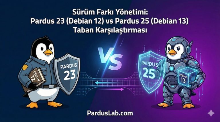 Debian 12 vs Debian 13 sürümlerinin teknik farklarını ve taban karşılaştırmasını simgeleyen öne çıkan görsel.
