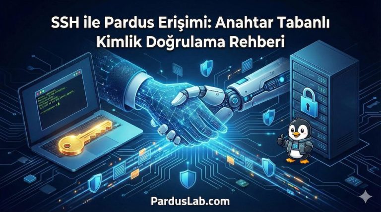 SSH ile Pardus Erişimi: Anahtar Tabanlı Kimlik Doğrulama Rehberi başlıklı makale için hazırlanmış; bir bilgisayar, dijital bir el sıkışma, anahtar simgesi, sunucu kabini ve Pardus pengueni içeren, siber güvenlik temalı öne çıkan görsel.