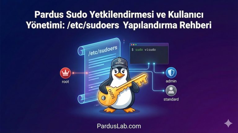 Pardus Linux üzerinde sudo yetkilendirmesi, kullanıcı yönetimi ve visudo komutu ile etc sudoers dosyası yapılandırmasını anlatan öne çıkan görsel.