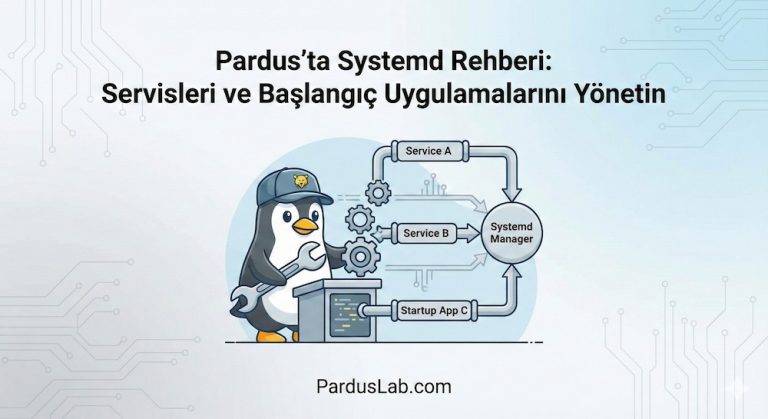 Pardus sisteminde systemd mimarisi, servis yönetimi ve başlangıç uygulamalarının kontrolünü gösteren teknik diyagram ve tamirci penguen görseli.