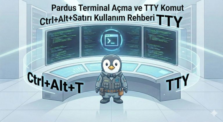 Pardus'ta terminal açma kısayolu Ctrl+Alt+T ve TTY ekranına geçişi anlatan rehberin, teknik kıyafetli penguen ve sunucu odası içeren öne çıkan görseli. Üzerinde siyah metinle "Pardus Terminal Açma ve TTY Komut Satırı Kullanım Rehberi" yazmaktadır.