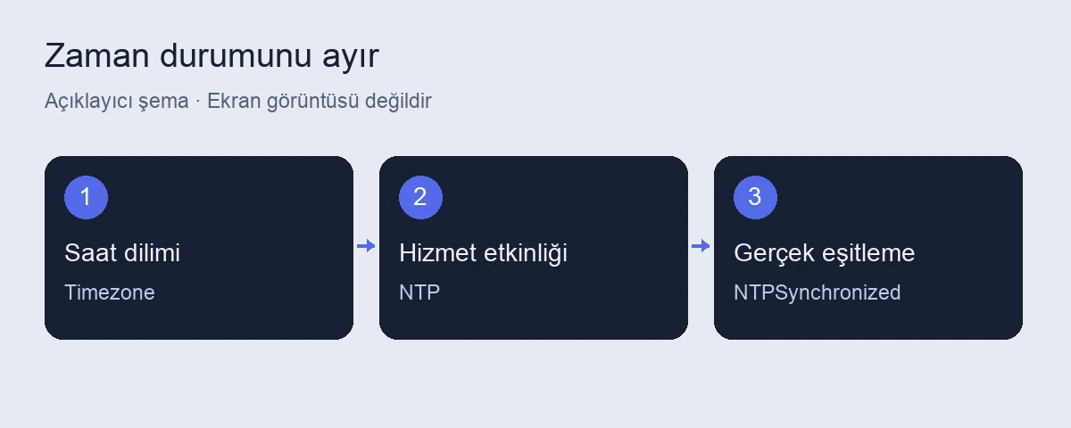 Pardus zaman ve saat dilimi kontrolü: timedatectl 4 Pardus zaman ve saat dilimi kontrolü için açıklayıcı işlem şeması
