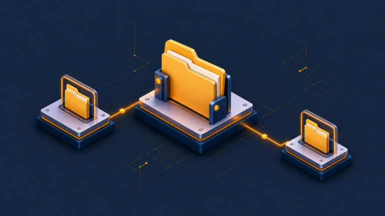 Linux sembolik bağlantılar konusunu temsil eden izometrik illüstrasyon
