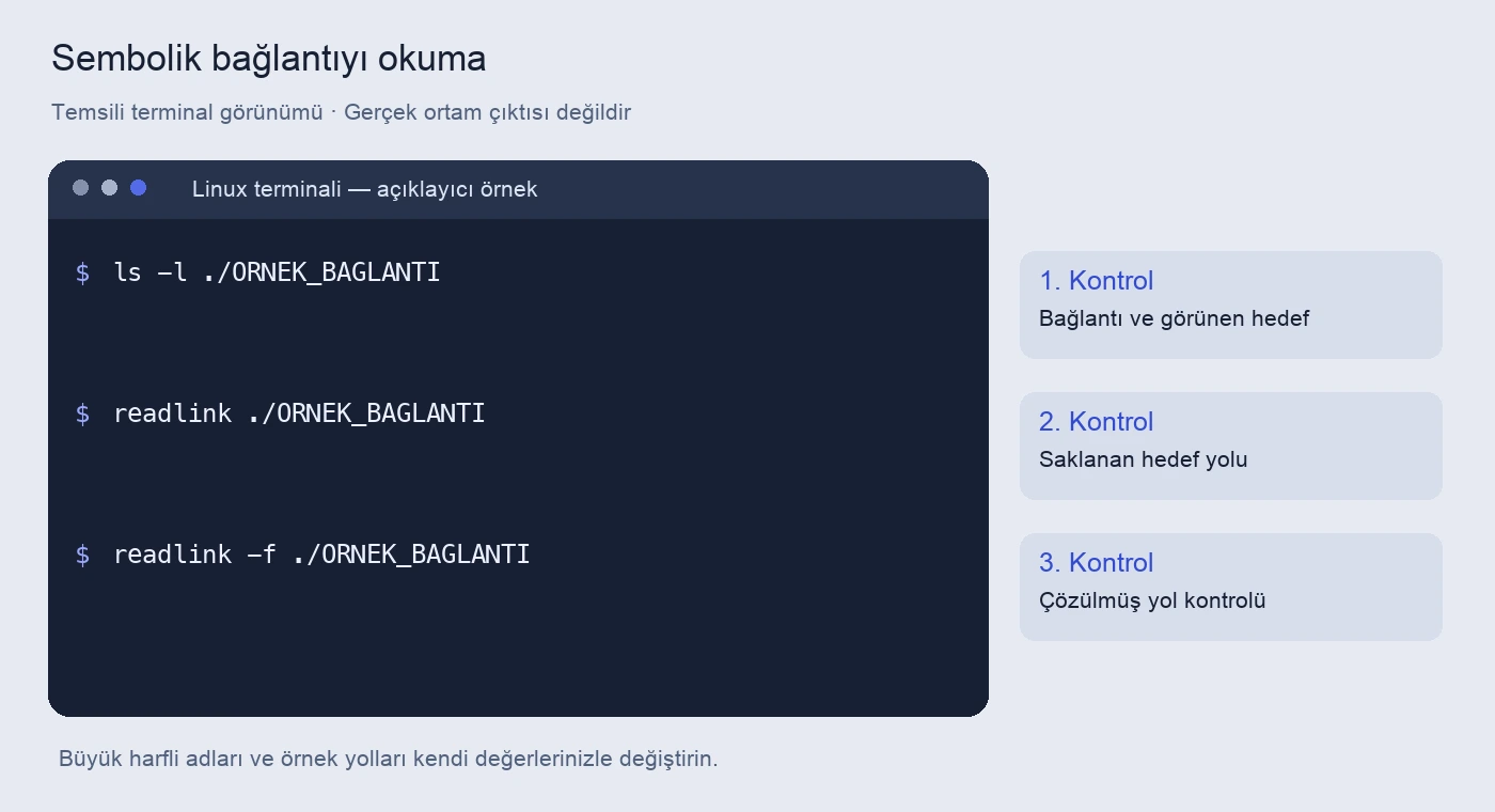 Linux sembolik bağlantılar: ln ile kısa yollar 5 Sembolik bağlantıyı okuma için komutlar ve kontrol amaçlarını gösteren temsili terminal