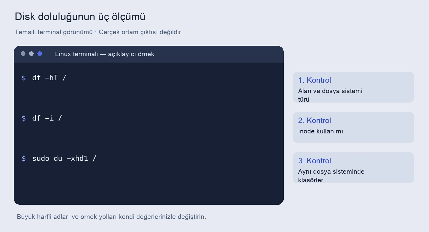 Pardus disk doluluğunu inceleme: df ve du ile teşhis 5 Disk doluluğunun üç ölçümü için komutlar ve kontrol amaçlarını gösteren temsili terminal